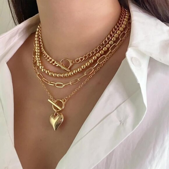Gold-Plated Layered Heart Choker Necklace with Puffy Pendant - 35cm to 45cm - Picture 4 of 9